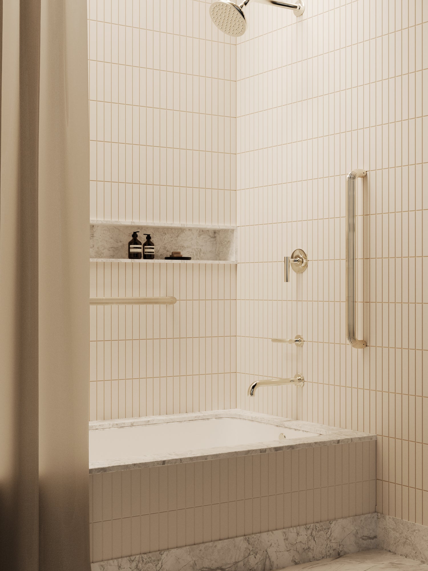 Remsen polished nickel grab bars installed vertically and horizontally on cream stacked tile beside a marble tub and shower