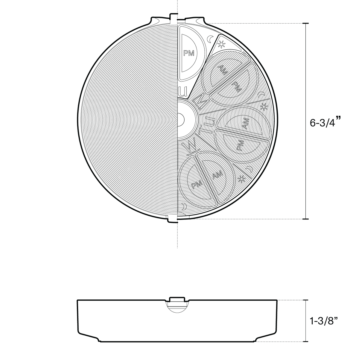Black and white technical dimension drawing of a round circular pillbox, showing a top-down view with internal compartments and a side profile with measurements labeled 6-3/4 inches and 1-3/8 inches.