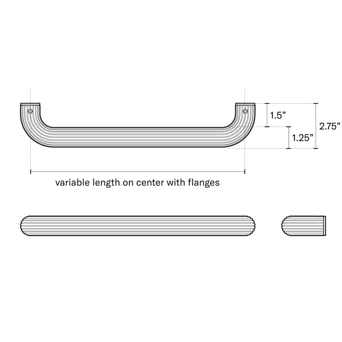 Technical dimension drawing of the grab bar metal handle shown which includes side, front, and plan views.