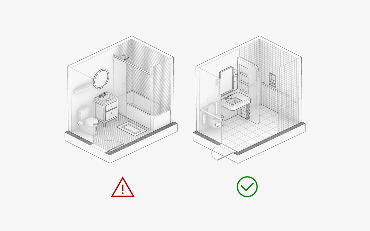 Isometric floor plan of a thoughtfully designed accessible bathroom — smart layout planning for comfort, safety, and style