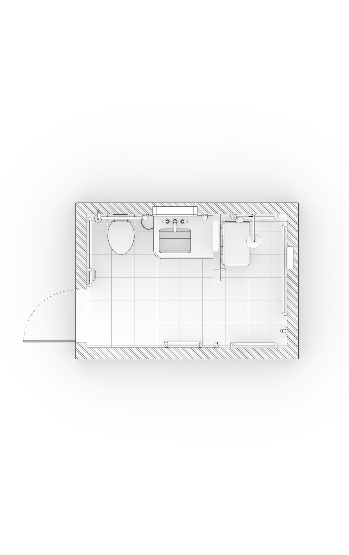 A top-down architectural floor plan illustration of a small bathroom layout, shown in white line art on a light gray background.