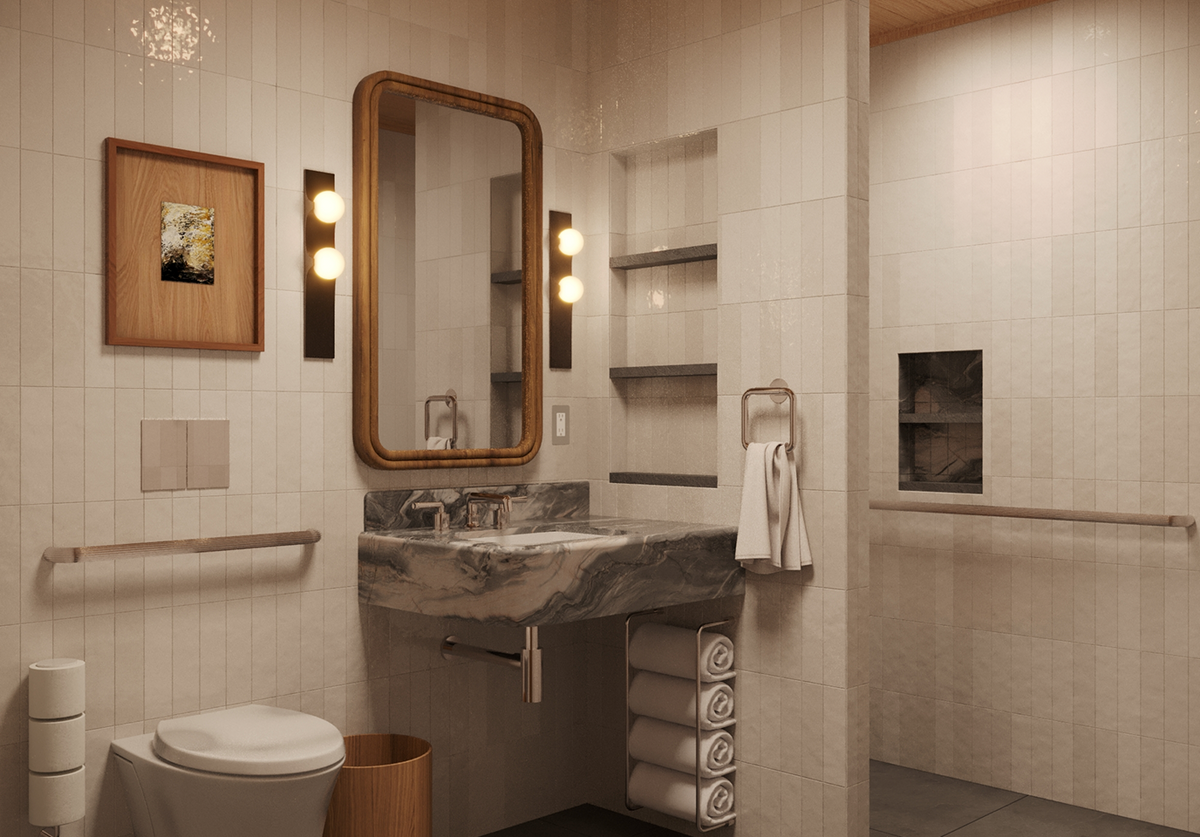 Warm, hotel-inspired bathroom with floating book-matched marble vanity, wood-framed mirror, globe sconces, and recessed niches — luxury bathroom renovation with seamlessly integrated support features