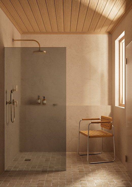 Japanese-inspired curbless shower with limewash walls, brass rainfall head, wood slat ceiling, and teak accent chair — serene, barrier-free bathroom design